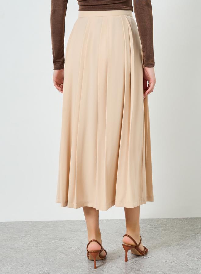 Styli Women Beige Pleated A-Line Midi Skirt - Image 3
